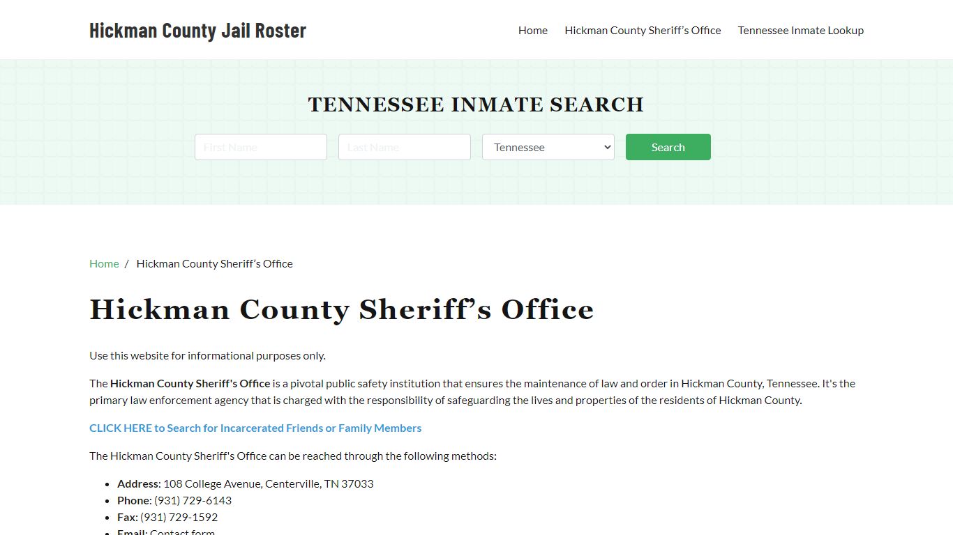 Hickman County Sheriff Office, TN, Arrest Warrants Search